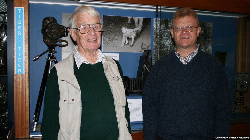 Nigel and James Champion, son and grandson of FW Champion visiting the Tiger, Tiger exhibition at Dumfries Museum